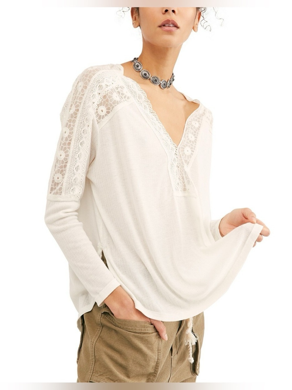 Free People Lola Lace Thermal Knit Long Sleeve Woman’s Top Cream S